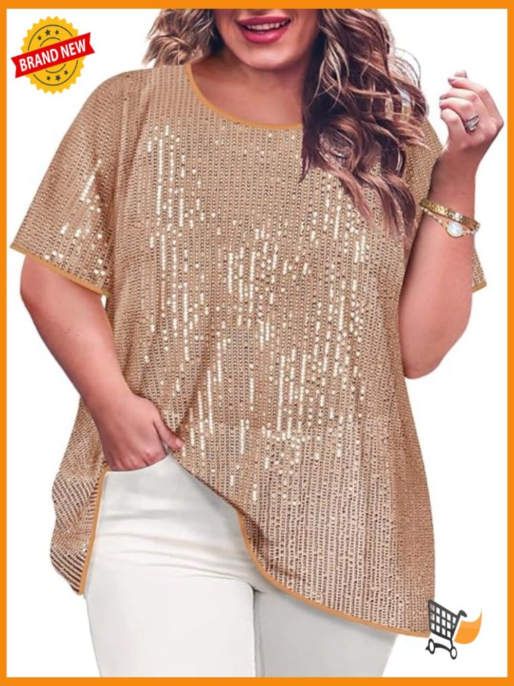 Women's Plus Sequin Tunic Short Sleeve Crewneck Sparkly Tops